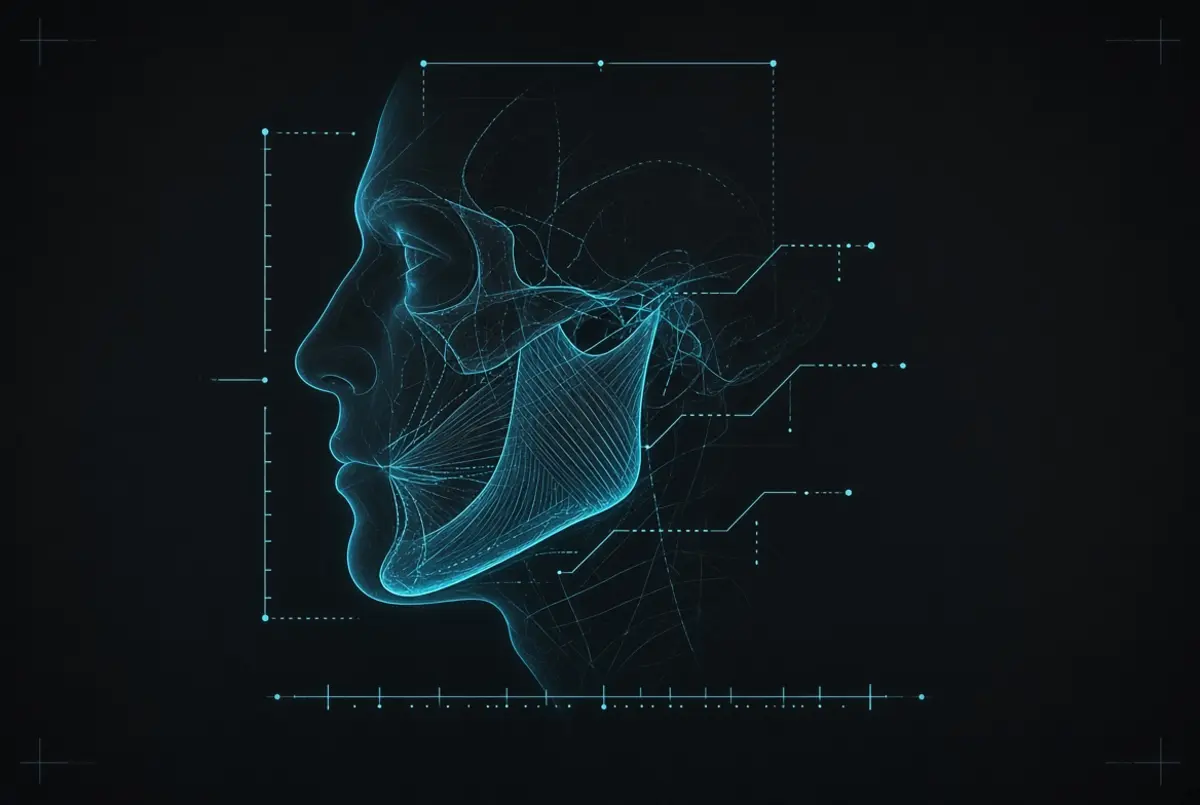 Male face profile anatomical diagram showing mandible bone and masseter muscle overlay, cyan vector illustration on dark background