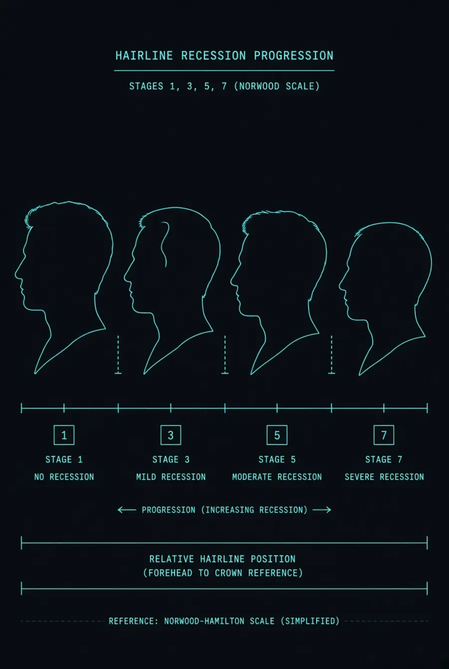 Norwood-Hamilton scale hairline recession chart, stages 1, 3, 5, 7 rendered as cyan silhouette progression