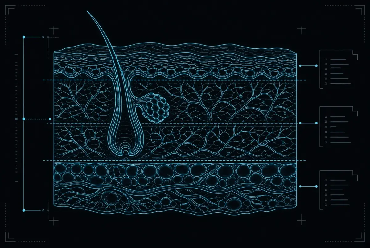 Cross-section anatomical diagram of human skin layers showing epidermis, dermis, hair follicle, sebaceous gland, and vascular supply, rendered as cyan vector illustration
