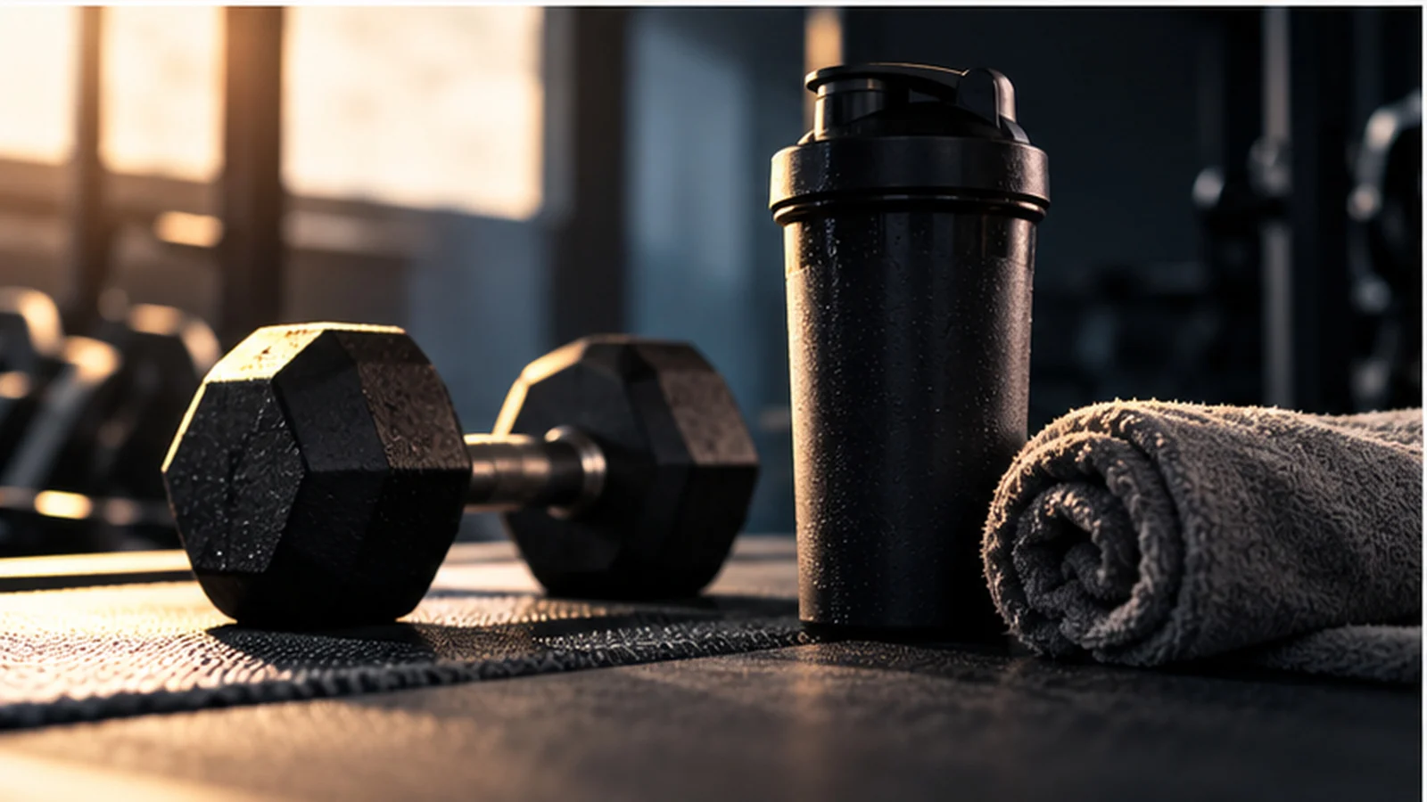 Dumbbell, shaker and towel in a sunlit gym
