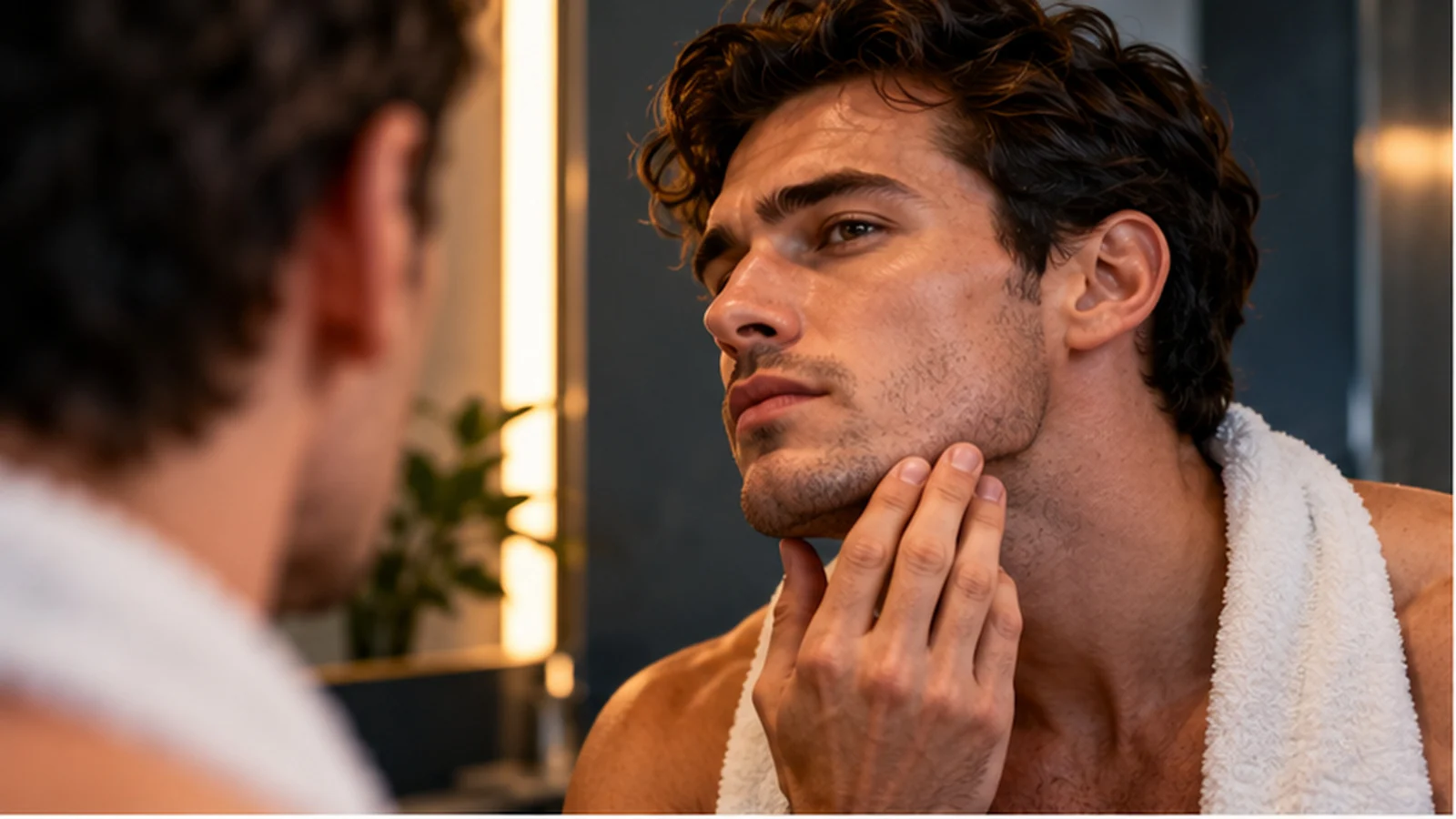 Man examining his jawline in a bathroom mirror