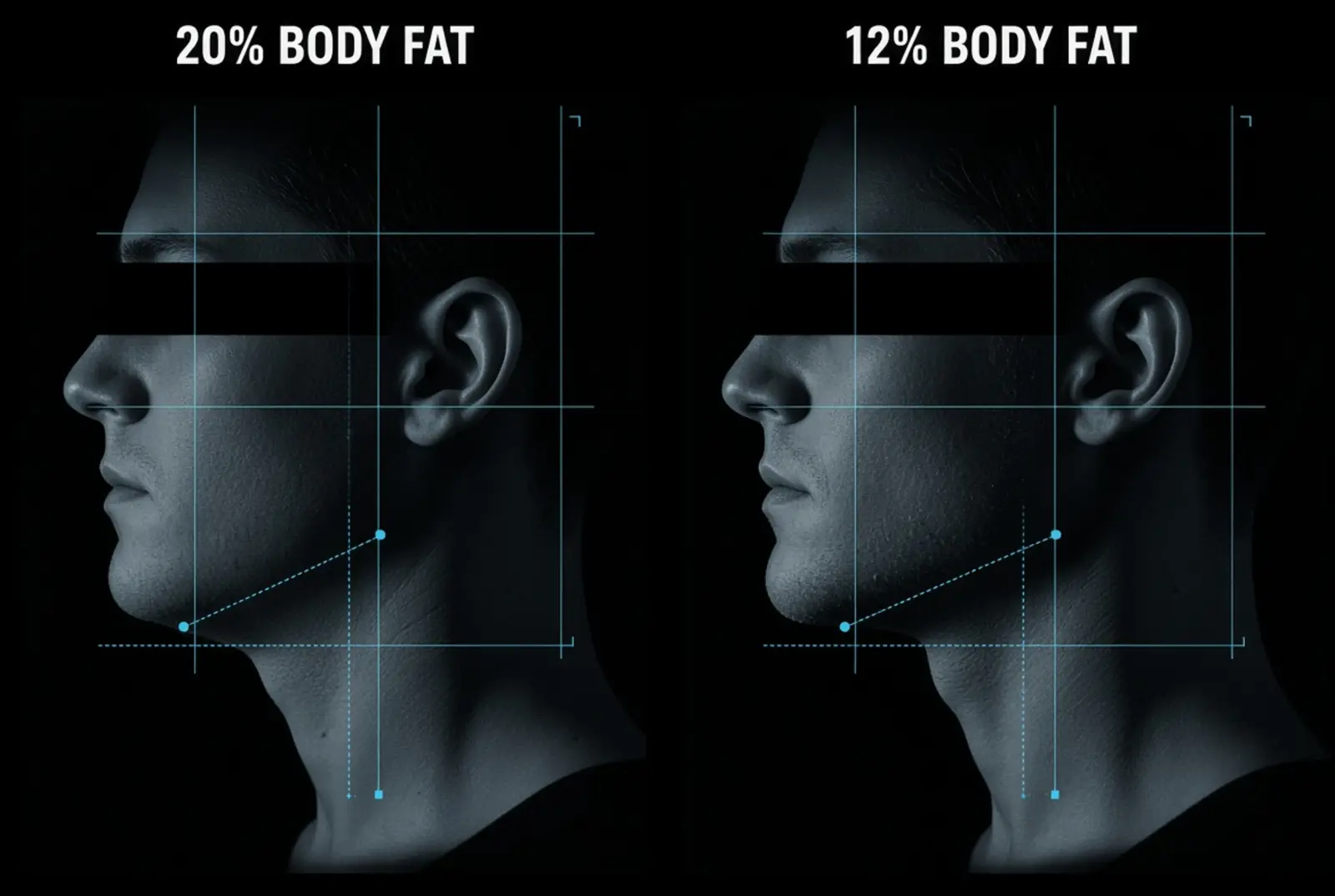 Profile comparison of the same subject at 20% body fat vs 12% body fat, with measurement overlays showing jaw definition changes