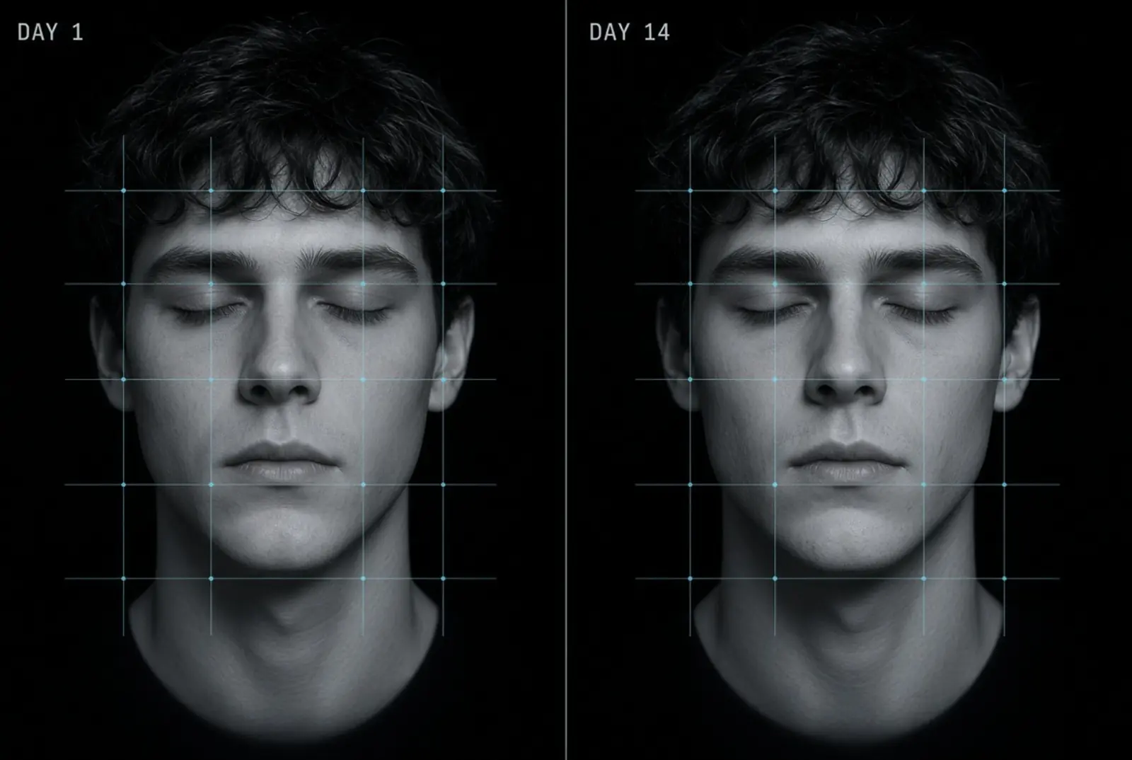 Frontal comparison of the same subject on Day 1 and Day 14 of the facial debloat protocol, showing changes in cheek fullness and jaw definition